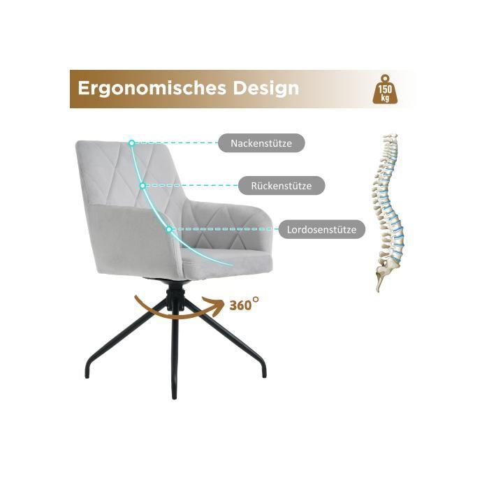 Lot de 2 chaises de salle à manger pivotantes à 360°, fauteuil rembourré avec 4 pieds en métal, support lombaire, velours, gris