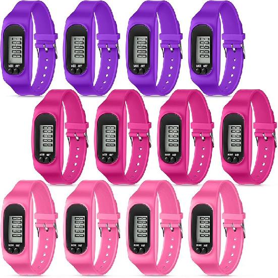 Geyoga 12 Pcs Pedometer for Walking Steps and Miles Pedometer Watch Silicone Steps Tracker Running Pedometer Bracelet Ankle Step Counter for Calorie Pink, Purple, Hot Pink