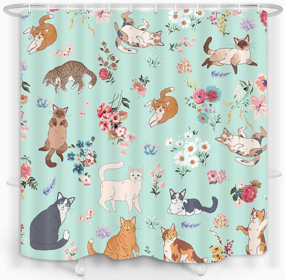 Funny Cat Shower Curtain, Black Cute Cat Flower Plant Bathroom Decor Shower Curtain, Colorful Cute Kitty Floral Animals Kids