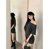 Small waist gray slanted shoulder hip skirt children summer spice girl off-the-shoulder high-end wear fashion dress