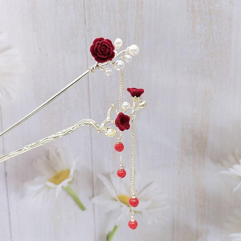 New Chinese Style Red Rose Fringe Hairpin Vintage Rose Hair Sticks Hairwear For Women Hair Fork Disk Hair Chopsticks Headdress