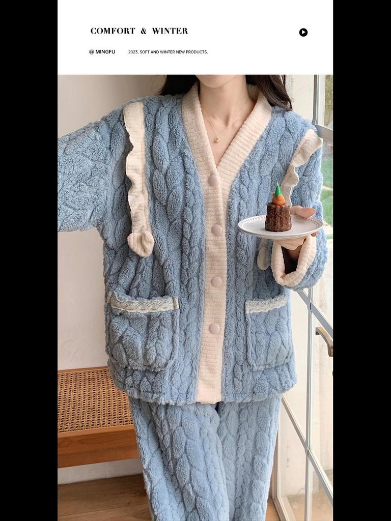Women's Coral Fleece Pajamas - Warm, Thick, & Sweet Flannel for Fall/Winter, Wear Indoors/Outdoors