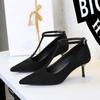 French Style Pointed Toe High Heels Thin Heels Shallow Mouth Suede One-Line Buckle Mid-Heel Pedicure Single Shoes For Women