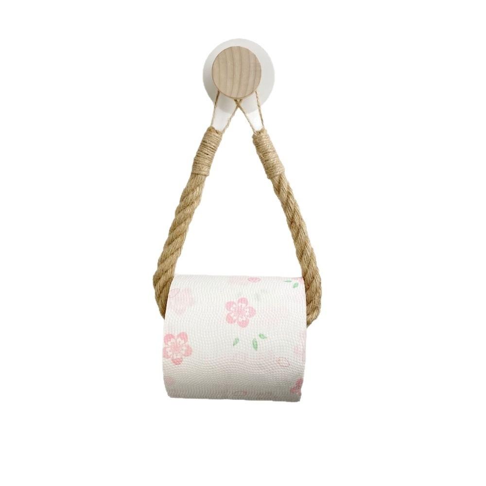 No-Drill Toilet Paper Wood Hook Hand-Woven Jute Rope Tissue Holder Bathroom