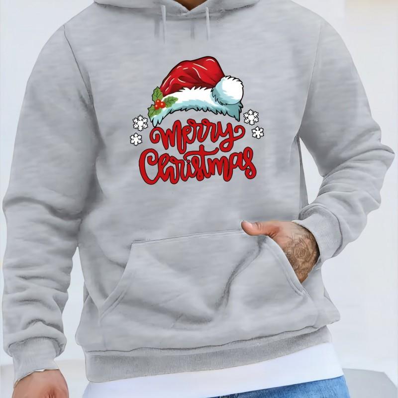 Men Christmas Hat Print Hoodie Warm Casual Streetwear Long Sleeve Pullover Winter Top