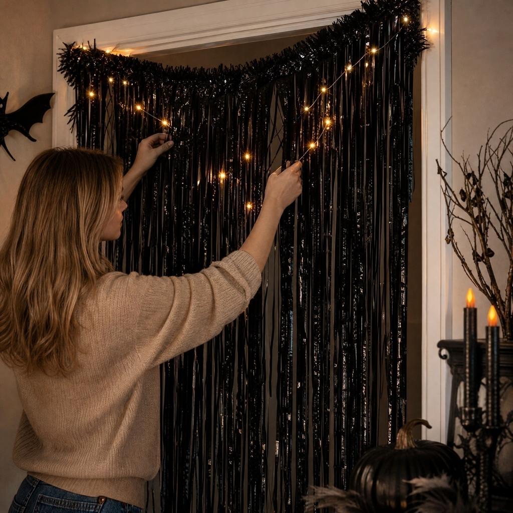 Black Plastic Rain Curtain with Lights, Halloween Party Door Curtain, Horror Themed Wall Decor with Streamers