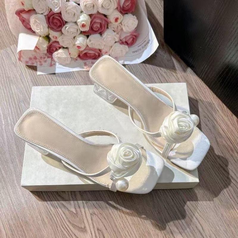 Square head sandals actress crystal heel summer new open-toed one-word drag flower cross with cool slippers woman