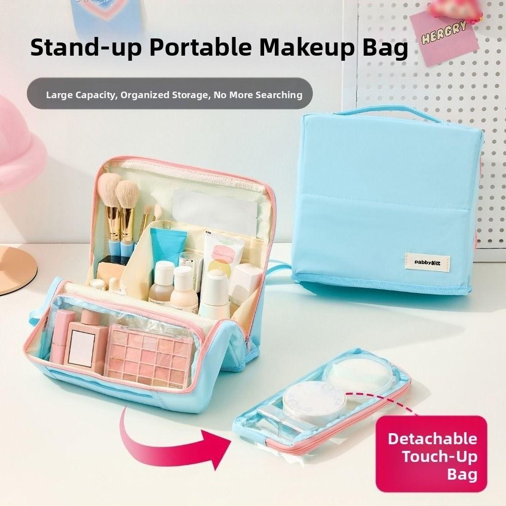 Large Capacity Vertical Makeup Bag Multi-Compartment Standable Skincare Storage Bag Portable Partitioned Student Stationery Bag