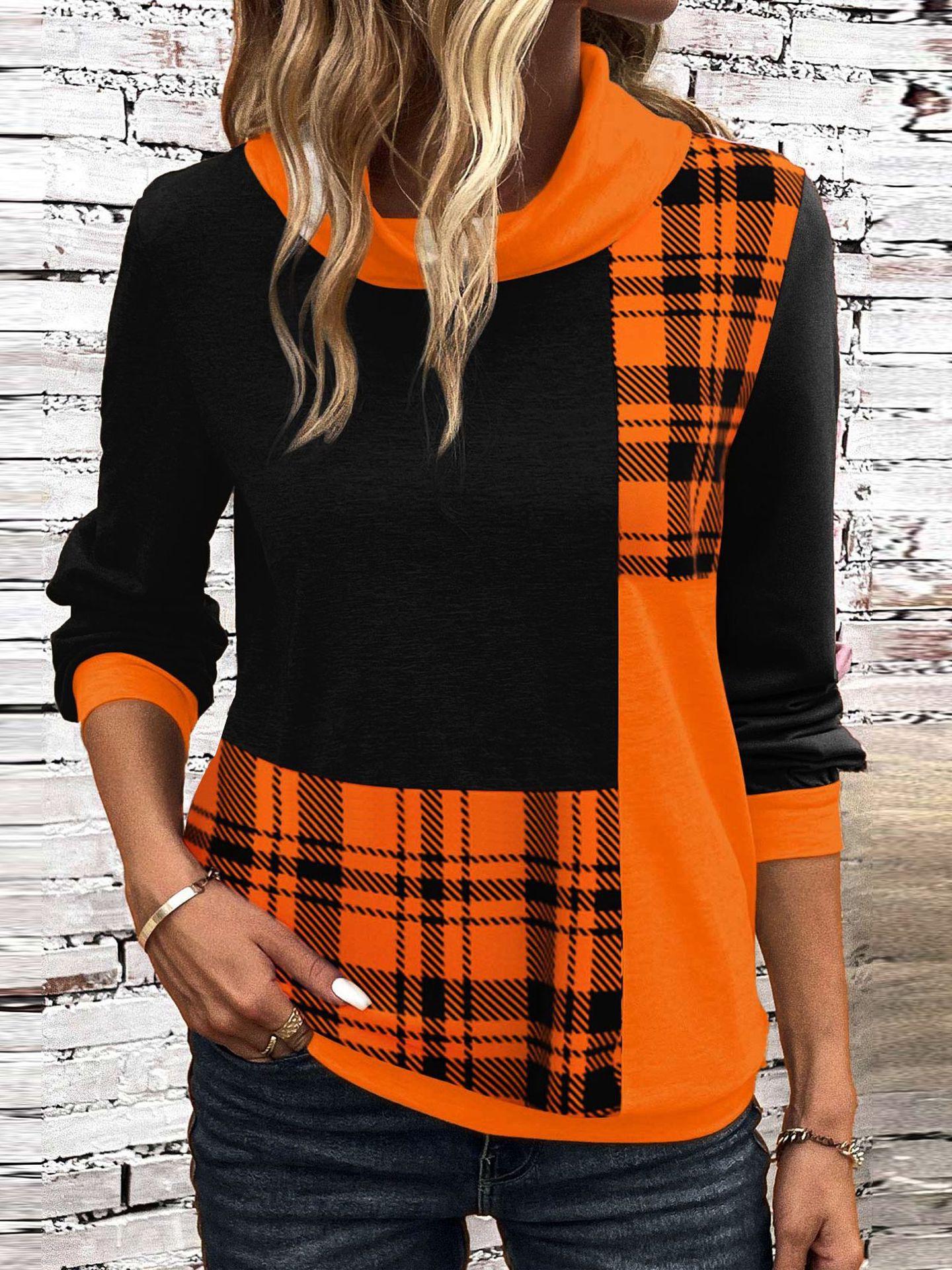 

Осенне-зимняя женская клетчатая принтованная толстовка больших размеров с высоким воротом и длинными рукавами XXL оранжевый