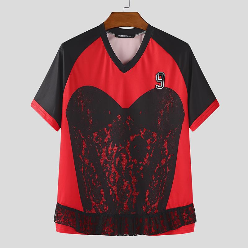 INCERUN Summer Men Short Sleeve Lace Patchwork Print Casual T-shirts Tee Tops