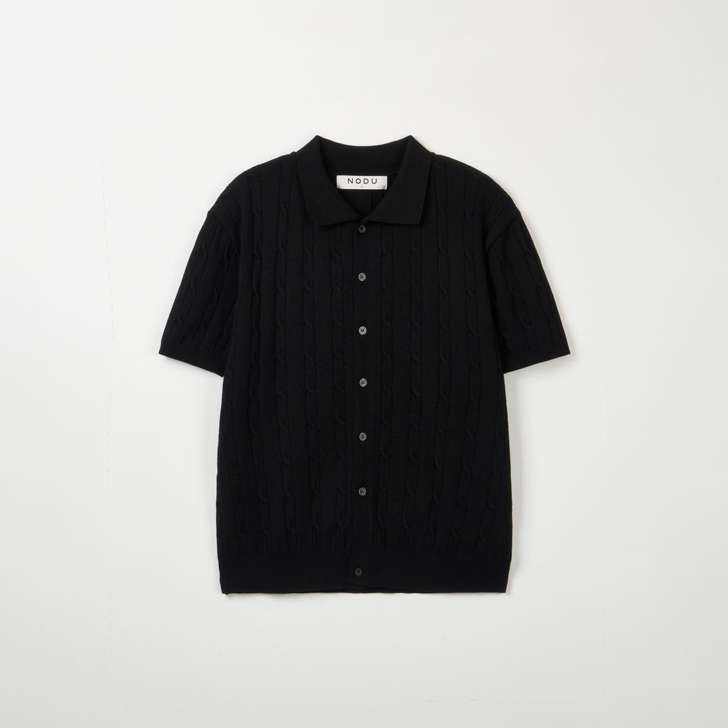 Nodu Collar Cable Viscose Short Sleeve Cardigan [Black]