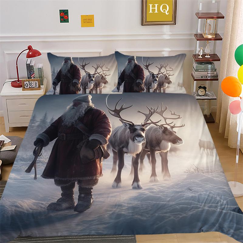 Jultomte Älg 3D-printad Polyester Kuddfodral Täcke Överdrag Två Eller Tre Delars Set