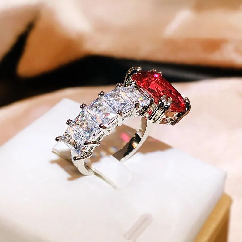Exquisite Simple Square Red Zircon Sterling Silver Open Rings for Woman Personality Wedding Party Girls' Luxury Ring