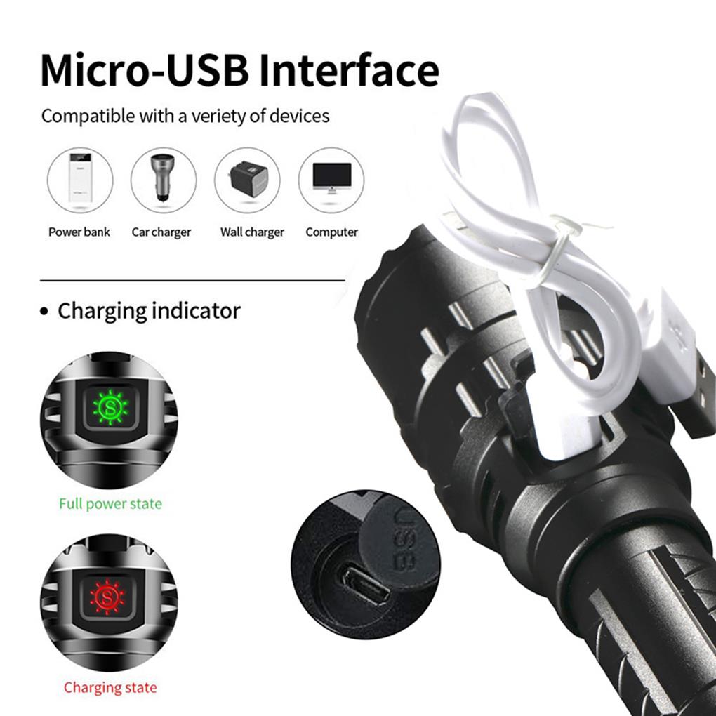 Tactical Flashlight Aluminum Alloy Anti-Rust Light Waterproof Torch USB Charging Fixed Focal Length Switch
