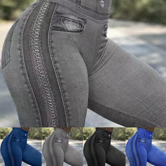 Decorative Pockets Skinny Imitation Jeans Leggings Hip Lifting Zipper Print High Waist Elastic Pants for Sports
