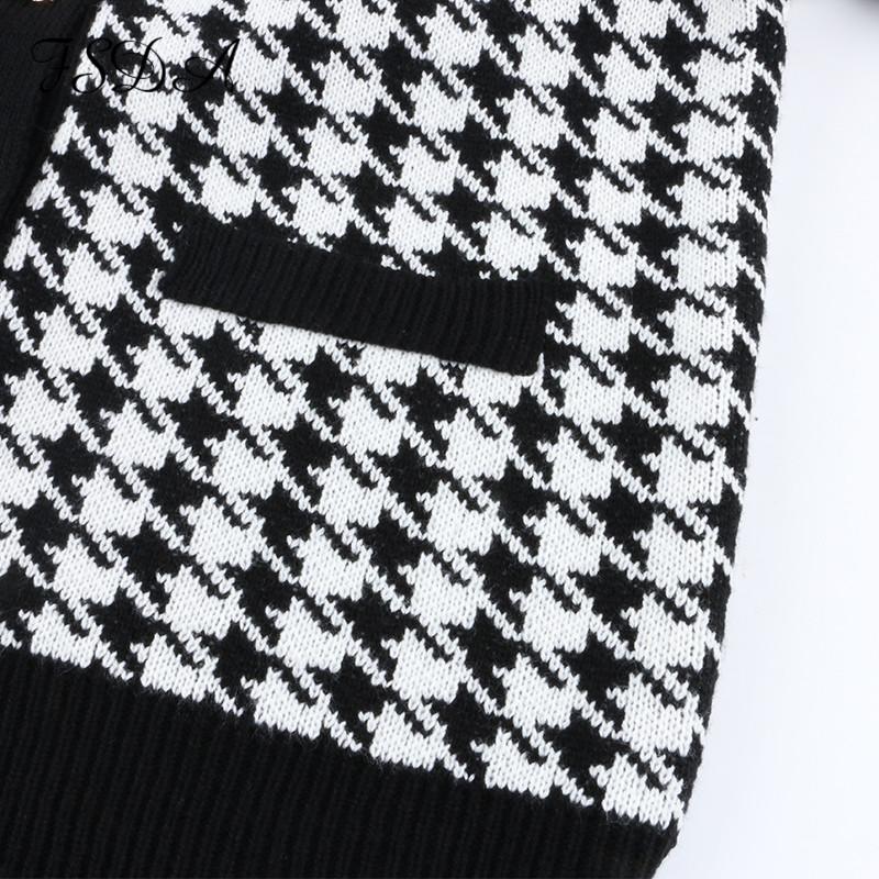 V-Neck Women Button Black Houndstooth Cardigan Long Sleeve Sweater Autumn Winter Knitted Loose Oversized Jumper Casual