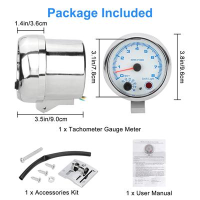 Tacómetro universal plateado de 3,75'' para coche, luz azul de cambio de marchas, rango de medición de 0 a 8000 rpm.