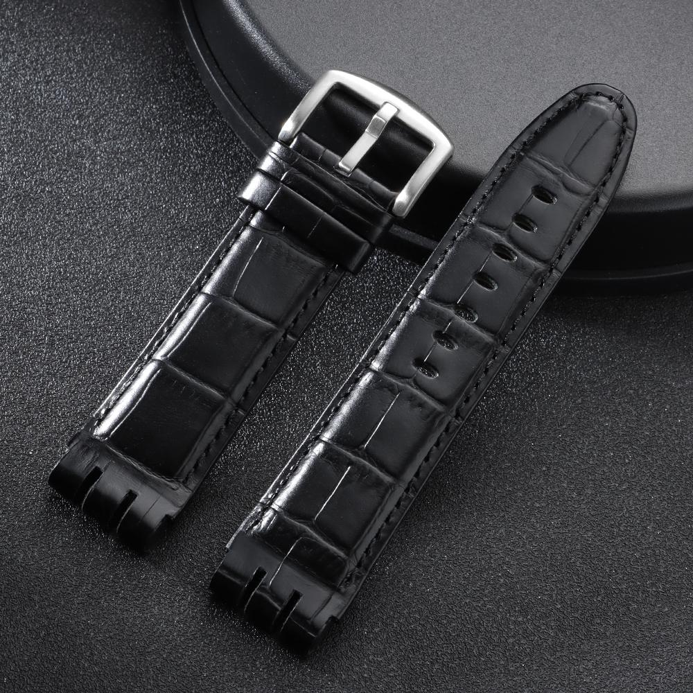 Matte Genuine Cowhide Watch Band for Swatch YOS440 449 401 447 Bamboo Embossed Leather Watch Strap for Men Business Wristband