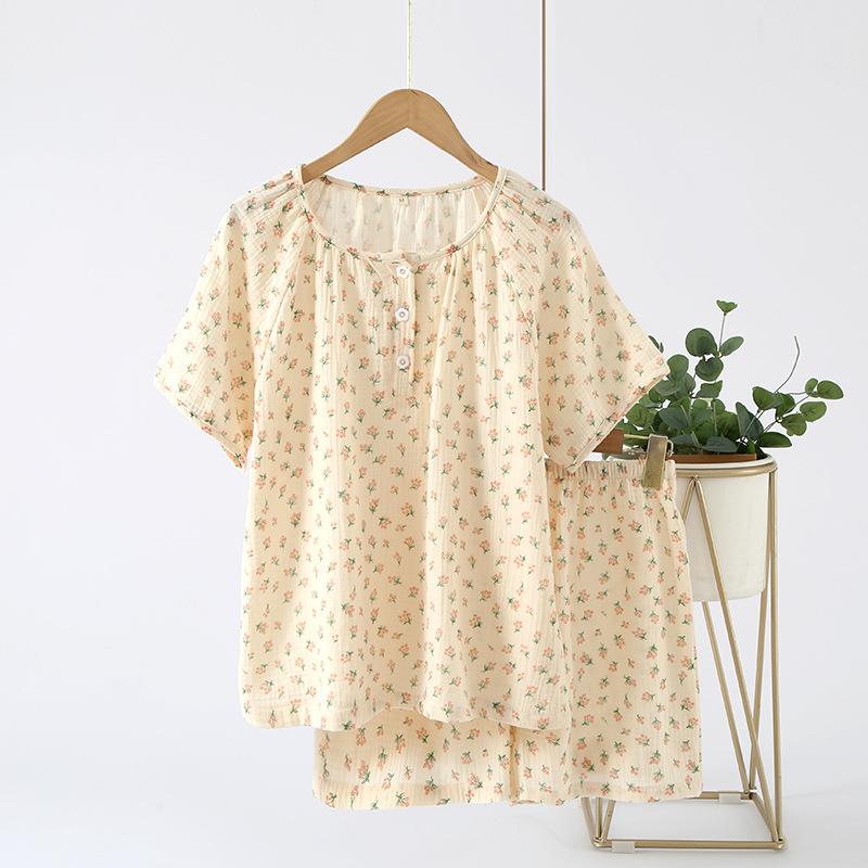 Cotton Yarn Pajamas Women's Summer Round Neck Short-sleeved Shorts Pullover Shoulder Plug Sweet Summer Thin Cotton Loungewear Set