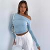 Women's Blouse Spring and Autumn Slant Shoulder Asymmetric Solid Colour Navel Blouse Long-sleeved Sexy Slim Temperament T-shirt