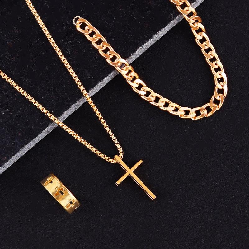 3pcs Set Men's Stainless Steel Metal Cross Pendant Chain Necklace Bracelet Ring Zircon Set Male Hip Hop Daily Wear Accessories