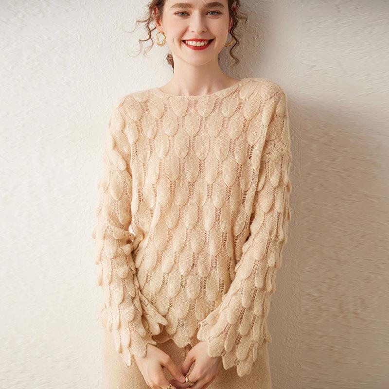 Women's High-End French Cashmere Sweater: Hollowed-Out, Round Neck, Bell Sleeves, 2024 Trend
