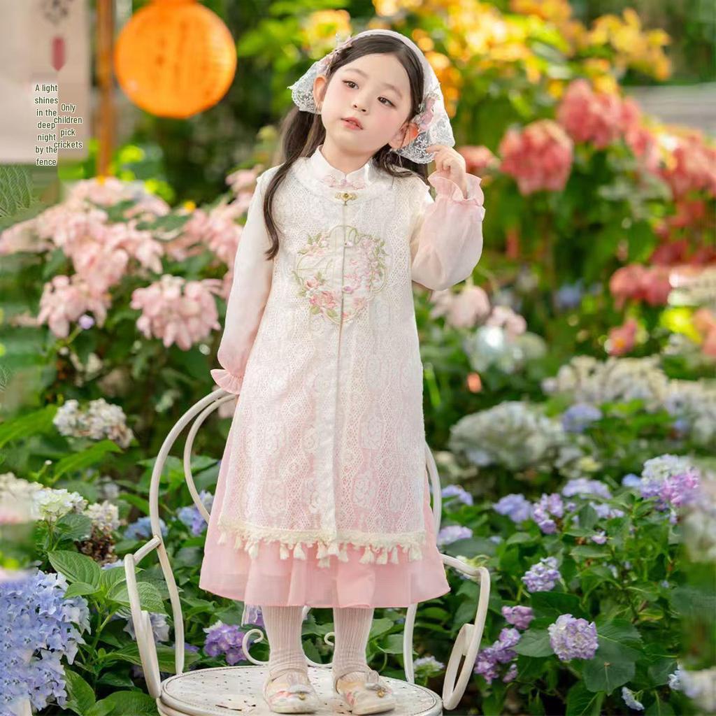 Spring & Autumn 2025 Hanfu Vest Dress Set: Fairy Princess Chinese Style for Girls