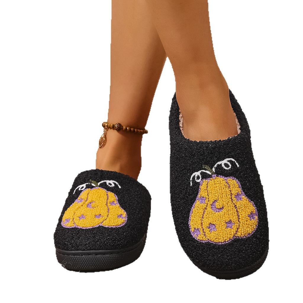Mode Gemütliche Halloween Kürbis Hausschuhe Damen Weiche Plüsch Rutschfeste Indoor Baumwoll-Sandalen Frau Warm halten Bequeme Winter Hauspantoffeln