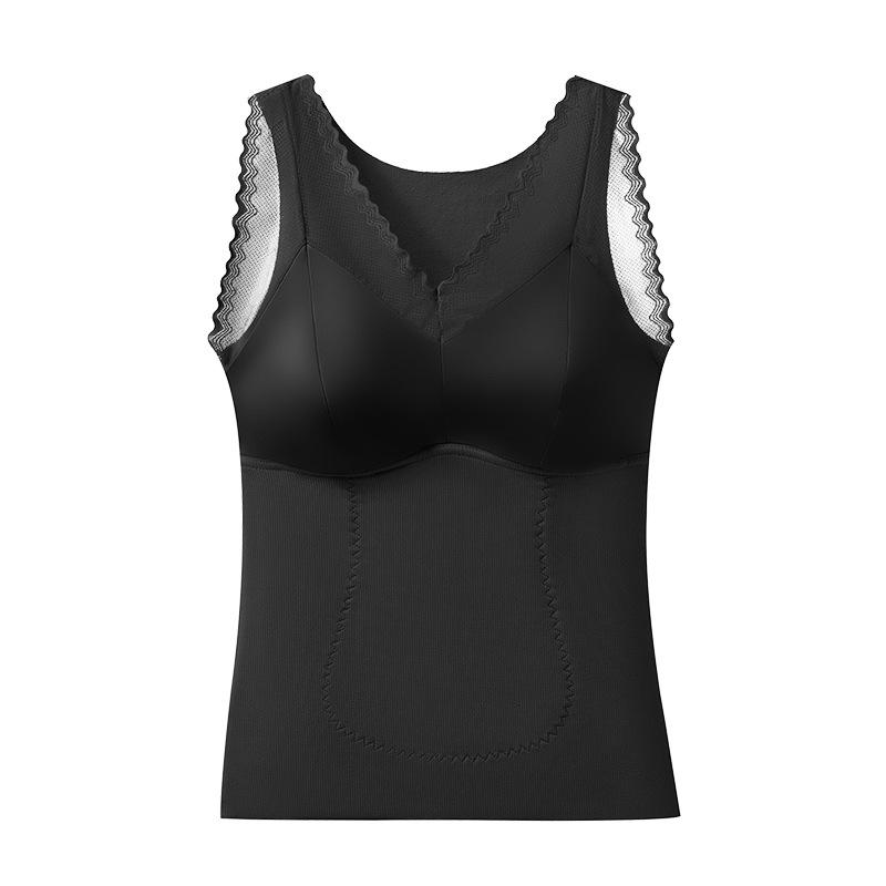 Lace Trim V Neck Thermal Tank Top With Built In Bra L чёрный