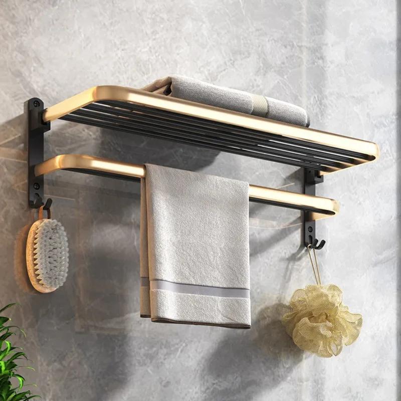 Badezimmer-Aufbewahrungsregal, Handtuchhalter, Schwarz/Gold, Space Aluminium, Badezimmer-Aufbewahrungsregal, klappbare Handtuchstange, Badezimmer-Zubehör