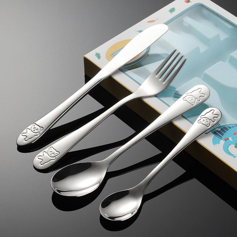 304 Stainless Steel Cartoon Children's Knives, Forks and Spoons Gift Box with Mother and Baby Tableware Dinosaur Bear Western Food