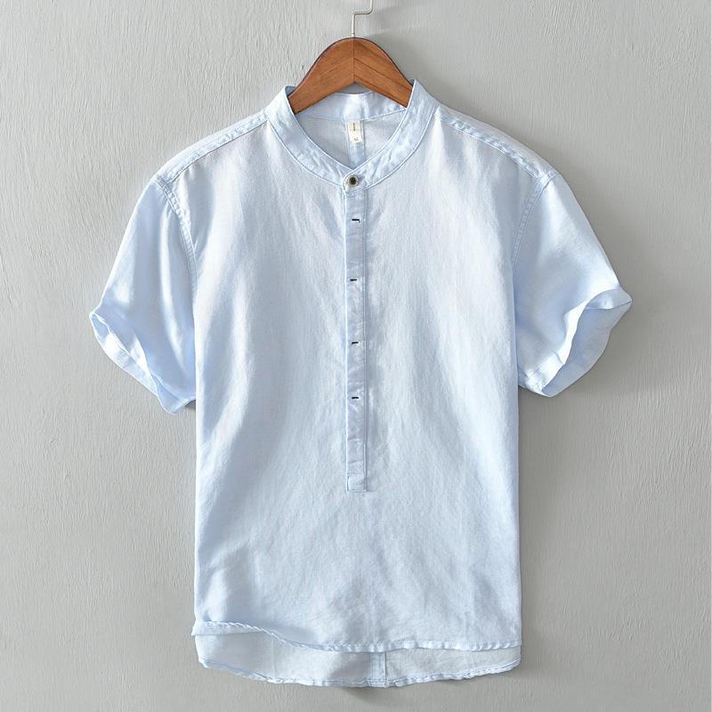 Summer T-shirts for Men Summer Daily Casual Simple Men Tops&Tees Chinese Style Men Clothing Cotton Linens Stand Collar Short Sleeve White T-Shirt 4XL