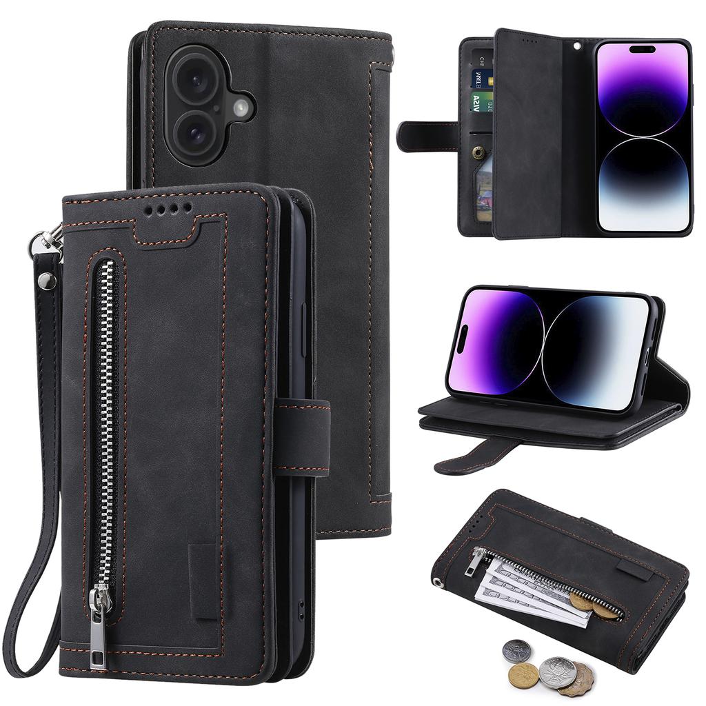 For iPhone 16 Plus Case Zipper Pocket 9 Card Slots PU Leather Phone Cover