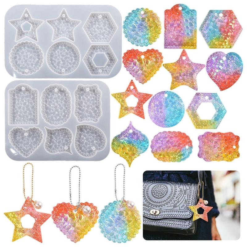 Cute Heart Round Charm Resin Mold Silicone Keychain Mold Pendant Epoxy Casting Mold with Hole DIY Craft Diamond Pattern