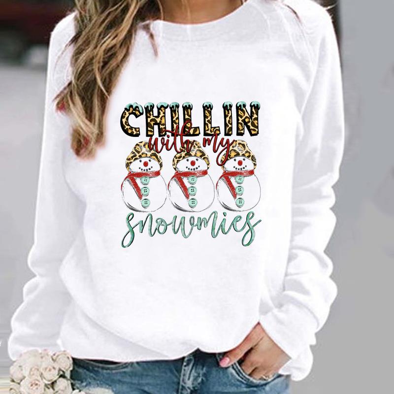 

(Азиатский размер) С Рождеством Леопардовый Снеговик Прекрасный Милый Новогодний Женский Принт Праздничный Принт Модные Повседневные Пуловеры Одежда Графические Толстовки