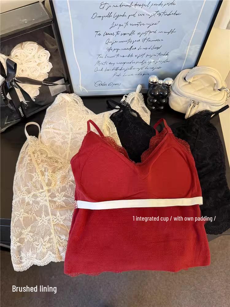 French Thermal Lace Camisole: Slim Fleece Vest with Chest Pads for Women, Wear As Outer or Inner Layer - Autumn/Winter.
