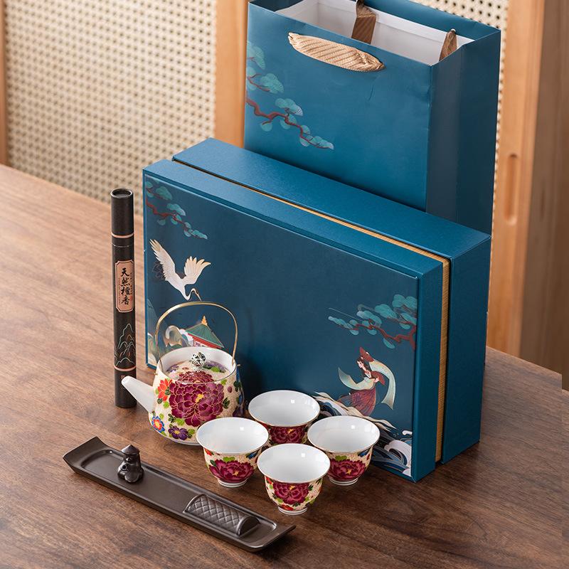 Vaso a trave sollevante in porcellana giada di sego Guochao creativo colore smalto una pentola quattro tazze scatola regalo di alta gamma set regalo aziendale di lusso leggero