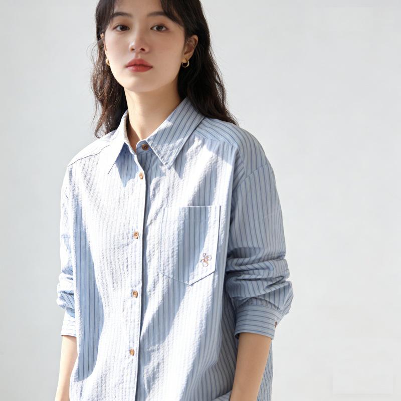 

Korean Style Blue Striped Embroidered Long Sleeve Shirt for Women - Trendy Spring/Autumn Layering Small синий