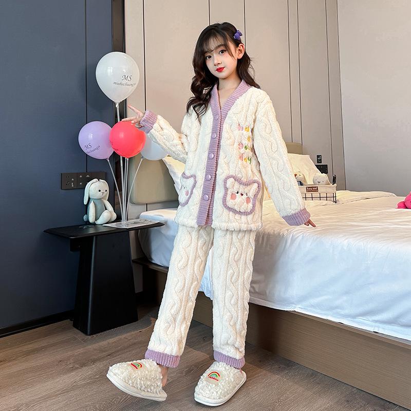 

Girls Fleece Pajama Set - Autumn/Winter 2025 Velvet Cardigan Homewear 130 cm