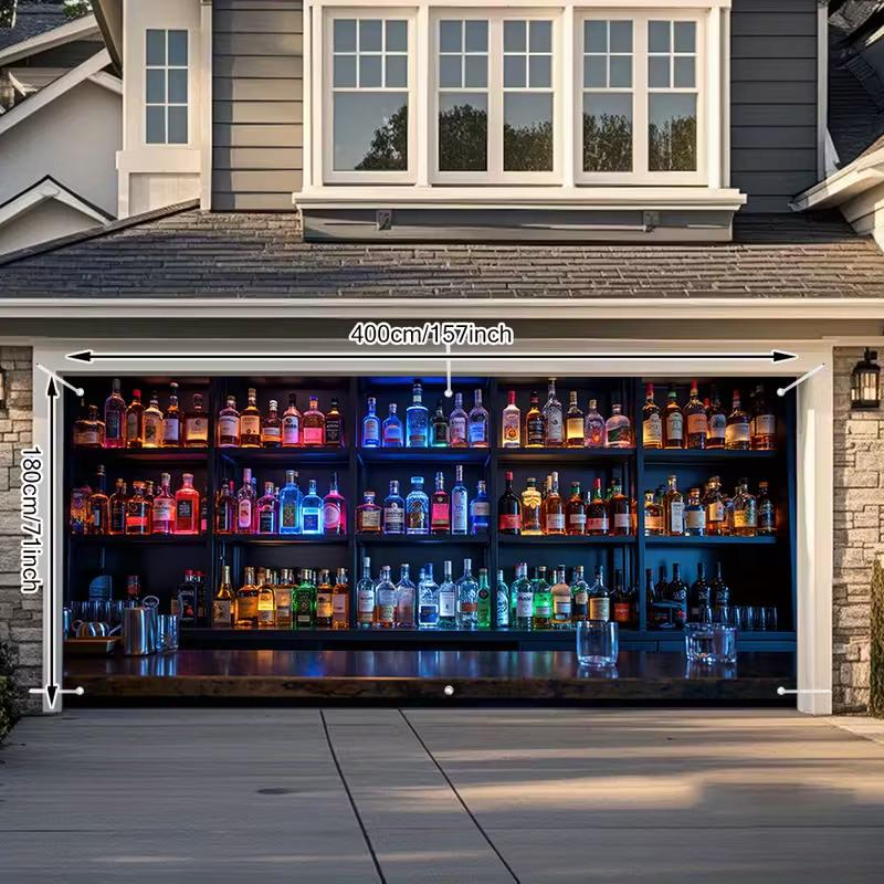 Outdoor Home Bar Garage Door Cover, Illuminated Liquor Bottles Print Backdrop