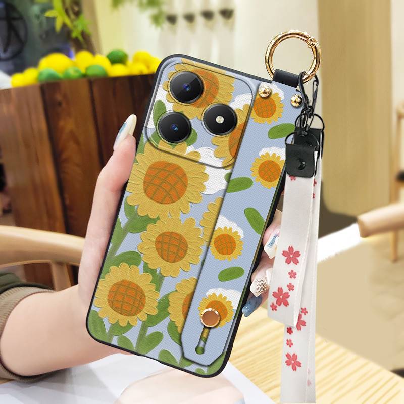 Soft Case Back Cover Phone Case For Realme C63 4G/C61 4G Wrist Strap Lanyard Protective Wristband Oil Painting Anti-dust