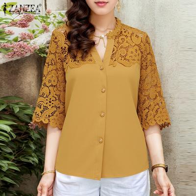 Women Summer V-Neck 3/4 Sleeve Casual Crochet Patchwork Blouse