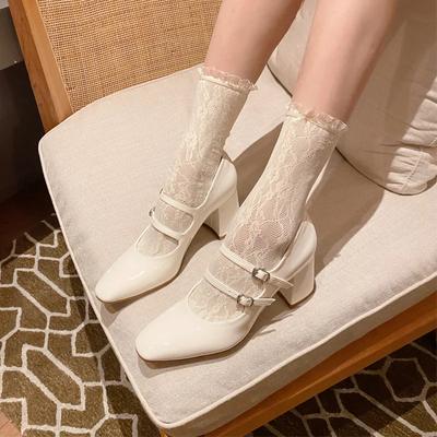 2024 Jednoduché francouzské kožené boty jaro nové vysoké podpatky dámské boty čtvercová špička tělové Mary Jane retro silné podpatky Femme zapatos