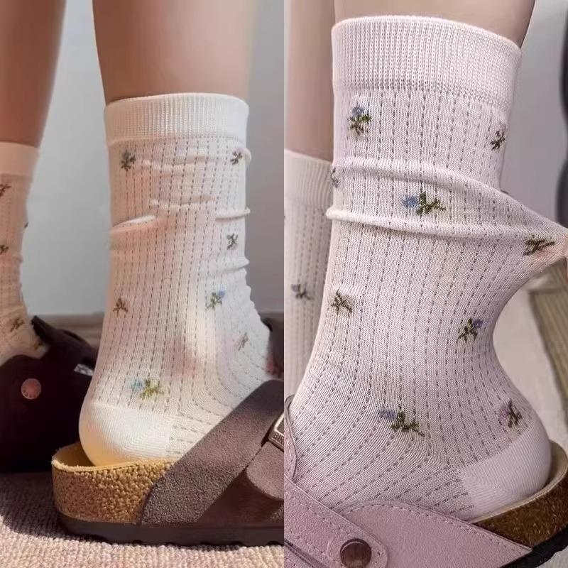 Spring Summer Thin Mesh Floral Socks Women Mid Calf Breathable Moisture Wicking Anti Odor Japanese Stacking Cotton Stockings