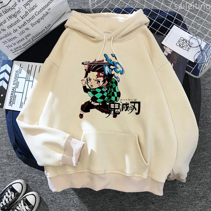 Japan Anime Demon Slayer Hoodies Japanese Casual Kangaroo Pocket Hoodie Harajuku Cartoon Manga Khaki Pullovers Aesthetic Clothes