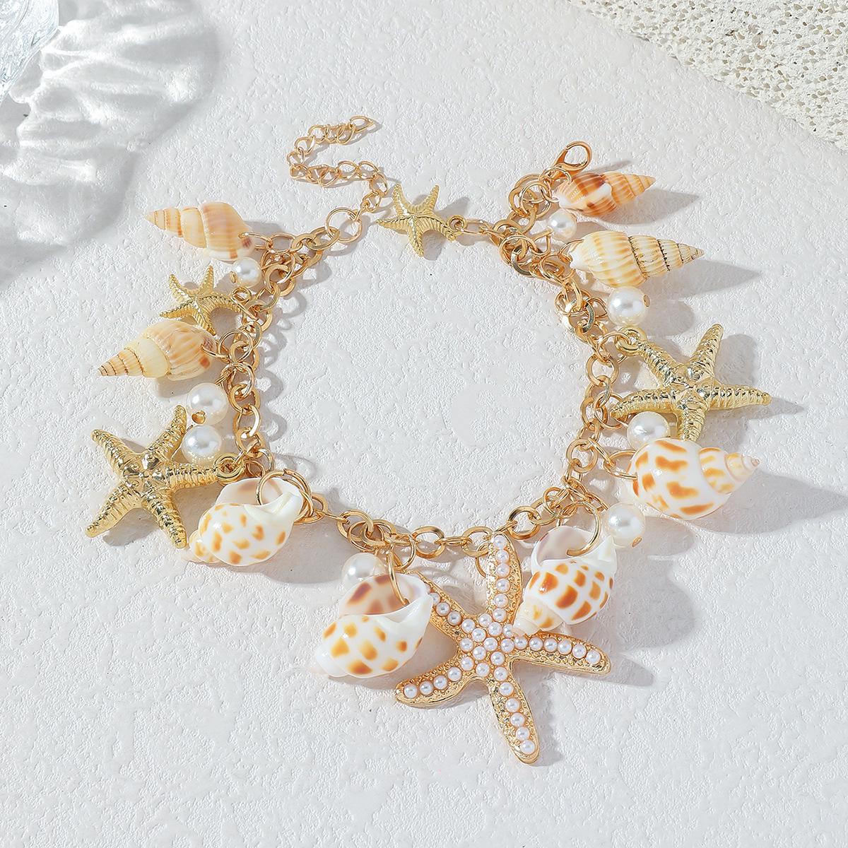 Cross-Border Light Luxury Multi-Layer Faux Pearl & Shell Anklet Set