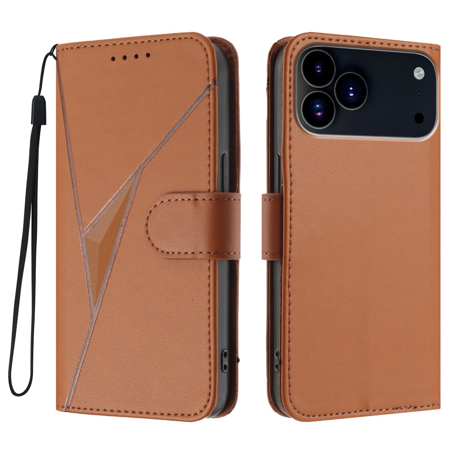 

For iPhone 17 Pro Case Triangle Imprint Leather Phone Cover with Lanyard Coffee