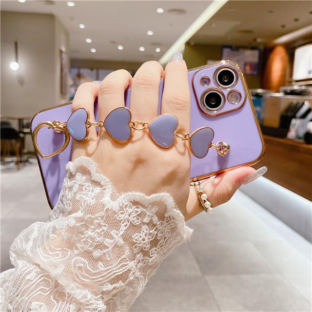 Luxury Gold Plating Bracelet Phone Case For iPhone 14 13 11 Pro Max XR XS 7 8Plus SE2 SE3 12Mini Fashion Heart Wrist Chain Cover