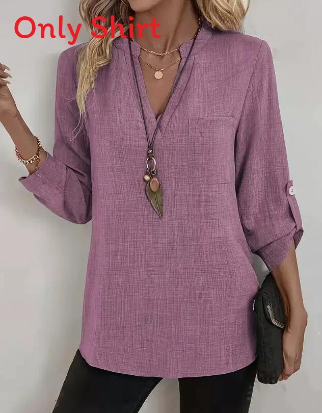 Womens Casual Cotton Linen Blouse With Pockets And Vneck For Summer 2025