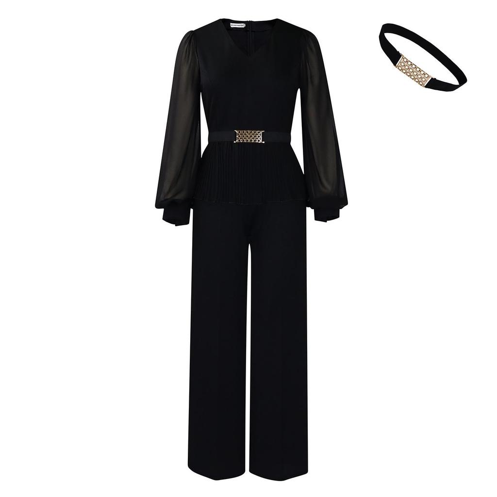 Elegant V-neck Long Sleeve Top & Wide Leg Pants Set for Women